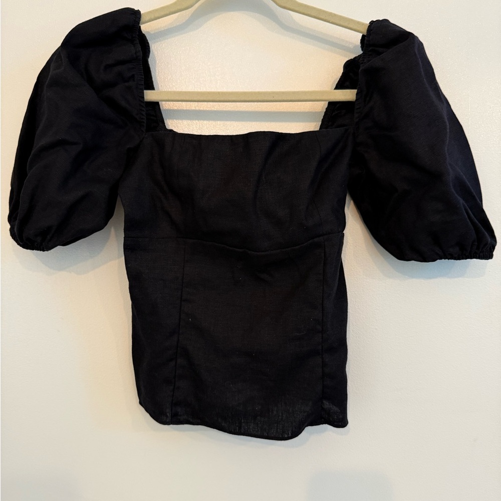 Reformation Smocked bodice black puff sleeve linen blouse